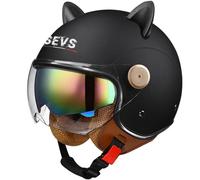 Motorbike Helmet with Cat Ear Safety Comfortable Jet Open Face Helmets Double Mirror Retro Lightweight Suitable for Unisex Electric Scooter Black XL/61-62cm