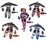 MOTORBIKE WULF KIDS ONE PIECE GO KART SUIT Overall Jump Race Suit With Wulfsport MX Goggles & Stratos Gloves LT PW Go-Karting Junior Sports Racing Kit (Camo Blue,Junior (L) 9-10 Yrs with Glove 2XS)