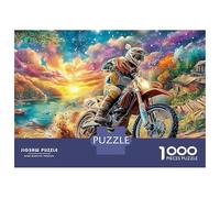 Motorcycle 1000 Pieces Smooth Edge Finish Motorcyclist at Sunset Frameable Puzzle Rainy Day Activity Home Decor Vintage Inspired Zero-gap Fit 52x38cm/1000pcs