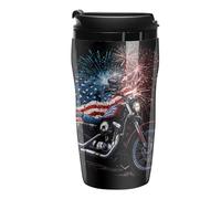Motorcycle 4th of July U.S. Flag Printed Reusable Coffee Mug Insulated Travel Drinking Cup Water Bottle with Lid 350ml