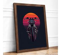 Motorcycle and Rising Sun Retro Framed Wall Art Print A1 (84.1×59.4cm) Walnut, Wall Decor for Living Room, Bedroom, Office & Home, Ready to Hang, Art Gift