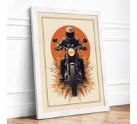 Motorcycle at Sunset Vintage Framed Wall Art Print A4 (29.7×21cm) White, Wall Decor for Living Room, Bedroom, Office & Home, Ready to Hang, Art Gift