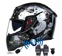 Motorcycle Bluetooth Helmet, Full Face Motorbike Helmets with Gloves Mask, Dual Anti-fog Visors Helmet ECE Approved, Built-in Mp3 FM Radio Integrated for Adult 55-64CM