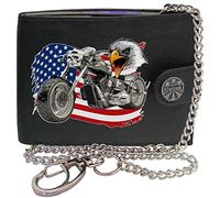 Motorcycle Chopper American USA Flag Bald Eagle Head Motor Bike Mens Chain Wallet Gift Box KLASSEK Brand Real Black Leather RFID Blocking with Coin Pocket