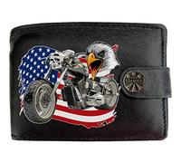 Motorcycle Chopper American USA Flag Bald Eagle Head Motor Bike Mens Wallet Gift Box KLASSEK Brand Real Black Leather RFID Blocking with Coin Pocket