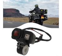 Motorcycle Dual Usb Charger Featuring Digital Voltmeter Plus Thermometer With Red Led Display For Handlebars 22mm To 25mm Wide Input 12v To 24v Dc Output 5v Water Resistant Cover For Mobile Phone Gps