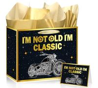 Motorcycle Gift Bag Vintage Motorcycle Wrapping Paper with Tissue Paper Greeting Card I'm Not Old I'm Classic Gift Bag Black Gold Birthday Gift Bag for Men Dad Husband Grandpa Bday Party Supplies
