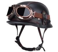 Motorcycle Half Helmet, Vintage Leather German Style Half Helmet Skull Cap with Goggles, ECE Approved Retro Motocross Helmet, Men Women Adult for Scooter Bike Cruiser