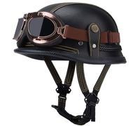Motorcycle Half Helmet, Vintage Leather German Style Half Helmet Skull Cap with Goggles, ECE Approved Retro Motocross Helmet, Men Women Adult for Scooter Bike Cruiser