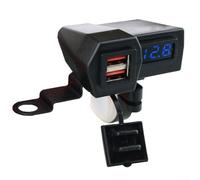 Motorcycle Handlebar Dual USB Charger with IP54 Dustproof Waterproof Cover, Digital Voltage Display, Suitable for 22 25mm Motorcycles and Scooters, Short Circuit Protection (Blue)