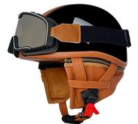 Motorcycle Helmet Retro Half Helmet Men's and Women's Four Seasons Helmet ECE Certified Leather Helmet with Square Retro Mirror and Detachable Neckband Shipping included E,M55~56CM