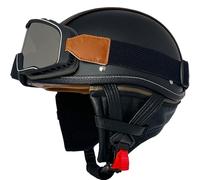 Motorcycle Helmet Retro Half Helmet Men's and Women's Four Seasons Helmet ECE Certified Leather Helmet with Square Retro Mirror and Detachable Neckband Shipping included A,L57~58CM