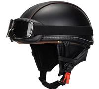 Motorcycle Helmet Retro Half Helmet Men's and Women's Four Seasons Helmet ECE Certified Leather Helmet with Square Retro Mirror and Detachable Neckband C,L57~58CM