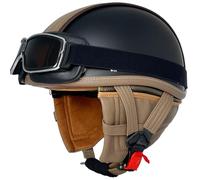 Motorcycle Helmet Retro Half Helmet Men's and Women's Four Seasons Helmet ECE Certified Leather Helmet with Square Retro Mirror and Detachable Neckband E,2XL61~62CM