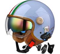 Motorcycle Helmet with Bluetooth Earphone, Open Face Helmet for Men and Women, ECE 22.06 Approved, Retro Motorcycle Helmet with Double Visor, ABS Material, Half Helmet 13,M/(57~58cm)