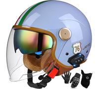 Motorcycle Helmet with Bluetooth Earphone, Open Face Helmet for Men and Women, ECE 22.06 Approved, Retro Motorcycle Helmet with Double Visor, ABS Material, Half Helmet 16,M/(57~58cm)