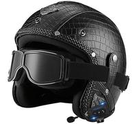 Motorcycle Helmets, Open Face Jet Bluetooth Helmet PU Leather Vintage Harley Motorbike Crash Half Helmet for Scooter Moped Skateboard Chopper Cruiser with Goggle for Adult Men Women