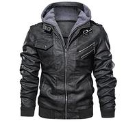 motorcycle jacket Mens Faux Leather Jacket Warm Fashion Stand Collar With Pocket Full Zip Removable Hood Bomber Jacket Long Sleeve Outdoor Fall Winter Cycling gear (Color : Black, Size : XL)