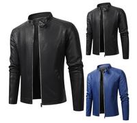 Motorcycle Jackets For Men Black Leather Biker Jacket Men Blue Slim Fit Stretch Jackets Simple Full-Zipper Up Pilot Jacket Stand-Up Collar Faux Leather Streetwear Stretchy Transition Coat