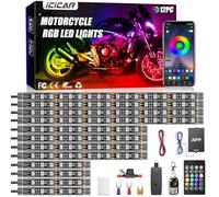 Motorcycle LED Underglow Kit, icicar 12 Pcs APP/RF Control Multicolor Motorcycle LED Light Kit with Brake Turn Signal, IP68 Waterproof & Music Sync Ambient Light for Motorcycles