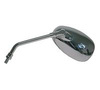 Motorcycle mirror, clamp-on style in chrome, round, can be fitted to left or right With a 9" long stem and 100mm head. Universal fit.