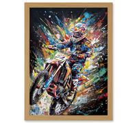 Motorcycle Motocross Rainbow Paint Splatter Art Artwork Framed Wall Art Print A4 Artery8 Light Oak One Size
