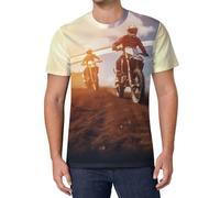 Motorcycle Motorsport Mountain Sunset Men's T-Shirts Classic Short Sleeve Crew Neck Tee Summer Casual Tops Graphic M