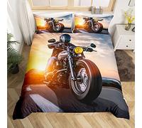 Motorcycle Pattern Bedding Set Men Motorcycle Rider Print Comforter Cover for Kids Adult Boys Cool Motorbike Duvet Cover Sunset Scenery Bedspread Cover Room Decor 3Pcs With 2 Pillow Case Super King