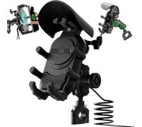 Motorcycle Phone Mount with Sun Shade, Anti Vibration Theft Motorcycle Phone Holder with 15W Wireless Chargers, Type-C & USB Charging Port
