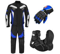 Motorcycle Protected 2 Piece Suit For Men, Bike Jacket WaterProof Fabric CE Armour Protected Trouser, Gloves With Long Leather Boots, Motorcycle Accessories CE-Approved (Blue, 3XL)