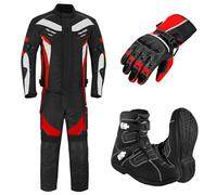Motorcycle Protected 2 Piece Suit For Men, Bike Jacket WaterProof Fabric CE Armour Protected Trouser, Gloves With Long Leather Boots, Motorcycle Accessories CE-Approved (Red, L)