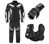 Motorcycle Protected 2 Piece Suit For Men, Bike Jacket WaterProof Fabric CE Armour Protected Trouser, Gloves With Long Leather Boots, Motorcycle Accessories CE-Approved (Grey, 2XL)