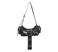 Motorcycle Punk Rivets Shoulder Bag With Metal Buckle PU Leather Multi Pockets Underarm Handbag Satchel Purse For Women Adjustable Strap Purse