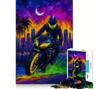 Motorcycle Ride at Night Cityscape Painting Jigsaw Puzzle for Adults 1000 Pieces Sharp Thinking Clean Joint Fun Activity Birthday Surprise (50x75cm)