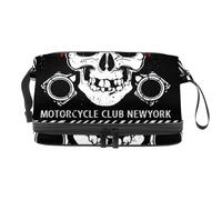 Motorcycle Skull Double Layer Cosmetic Bag for Women and Girls, Travel Toiletry Bag Makeup Handy Pouch Organiser Bag with Brush Compartment