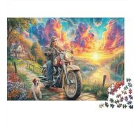 Motorcycle Sunset Adult Jigsaws for Decompression: Man on Motorcycle Educational Game Challenge Wall Decoration 38x26cm/1000pcs