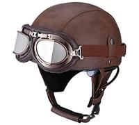 Motorcycle Vintage German Leather Open Face Half Helmet, With Goggles Hidden Visor Chopper Pilot Moped Bicycle Cruiser Scooter DOT/ECE Approved