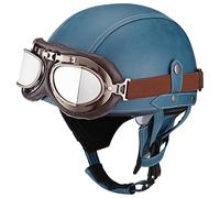 Motorcycle Vintage German Leather Open Face Half Helmet, With Goggles Hidden Visor Chopper Pilot Moped Bicycle Cruiser Scooter DOT/ECE Approved
