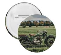 Motorcycles on Green Grass Badge Metal Round Pins, Lightweight Brooch for Backpack, Fashion Button Pins Badge for Shirts, Jackets, Shawl Coat, Unisex, 5PCS, Tinplate, metal round pins