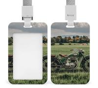 Motorcycles on Green Grass Id Badge Holder,Name Tag Holder with Detachable Lanyard,Waterproof Design Id Card Holder for Office, Workplace