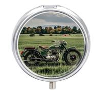 Motorcycles on Green Grass Pill Box Waterproof Portable Medicine Pill Case Moisture Proof Metal Travel Pill Box with 3 Compartment Medicine Case