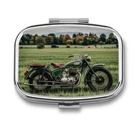 Motorcycles on Green Grass Pill Case with 2 Compartment, Pill Organizer Portable Square Pill Box,Vitamin Pill Organizer for Pocket Purse and Travel