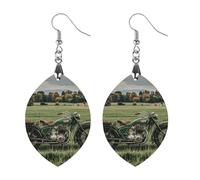 Motorcycles on Green Grass Wooden Earrings for Women, Vintage Elegant Wood Jewelry, Lightweight Earrings for Wedding, Party, Everyday Jewelry Gift, Apricot shaped, Wood, wood