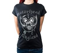 Motorhead Women's England with Rhinestone Application Regular Fit Crew Neck Short Sleeve T - Shirt, Black (Black Black), 12 (Manufacturer Size:Large)
