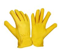 MOTOROAR Work Gloves Cowhide Grain Premium Leather Yellow Work Driver Gloves With Elastic Wrist Closure And Inside Fleece Lining General Purpose Utility, Driver, Rigger, Safety, Gardening (9(medium)