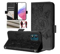 Motorola Moto E13 Case, RFID Blocking Flip Wallet Case with Card Slots Kickstand Magnetic Clasp Case for Moto E13, Shockproof PU Leather Embossed Flowers with Hand Strip for Women Girls, Black