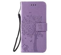 Motorola Moto E7i Power Case Shockproof, PU Leather Wallet Phone Cover Cat & Tree Embossed Flip Folio Slim Fit Protective Case for Motorola Moto E7i Power with Card Slots Magnetic Stand, Lavender