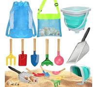 Mototo 9 PCS Beach Sand Sifter Toys Set Shark Tooth Sifter Beach Mesh Shovel with Shell Bags Collapsible Beach Bucket for Shells Collecting Shark Tooth Game Toys