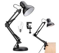Motowolf Swing Arm Desk Lamp with Clamp, Adjustable Flexible Gooseneck Metal Table Lamp for Home Office, Work, Study, Reading, E27 Bulb Included, Multi-Joint, Black
