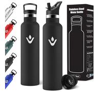Motswedi Stainless Steel Drinking Bottle, 1 Litre, Leak-Proof, Thermos Flask, with 2 Lids and Straw, Water Bottle, Vacuum Double-Walled, Insulated Flask for Sports, Fitness, Campeggio, Black
